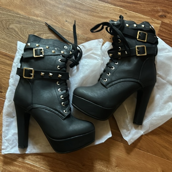 Autumn Round Toe Lace Up Ankle Buckle Chunky High Heel Platform Knight Boots - Picture 8 of 10